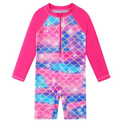 Girls Swimsuit UPF 50+ UV One Piece Swimwear Zipper Rashguard Bathing Suit S337_HotPinkScale_92/98