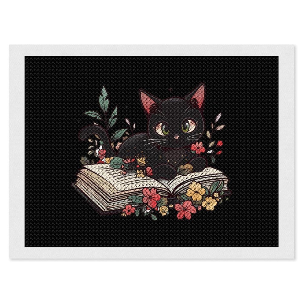 Black Cat Book Diamond Painting Adults Round Diamonds Pictures Crafts Kits for Home Wall Decoration 12"x16"