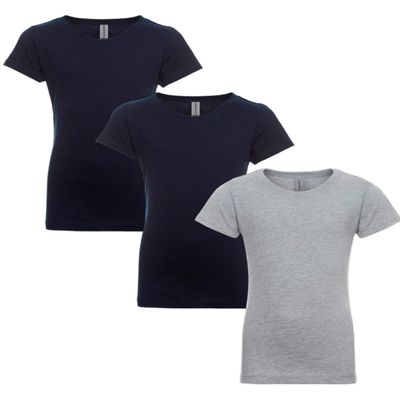 Clementine Big Girls' Everyday Crew Neck Tee Shirt Assorted 3 Pack, Midnight Navy/Midnight Navy/Grey,Small