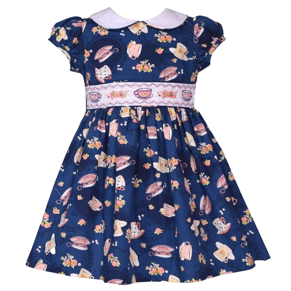 Bonnie Jean Girls 3M-6X Embroidered Smocked Panel Dress (Navy Teacup, 18M)
