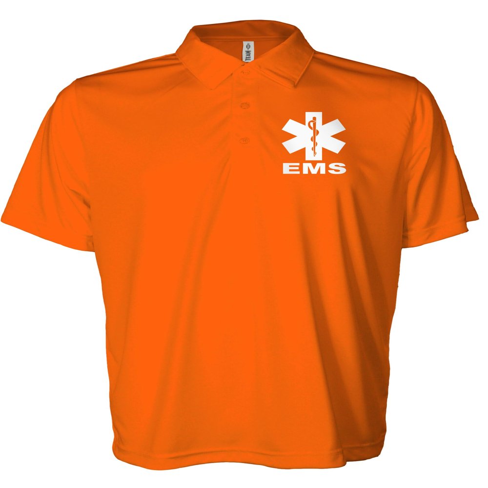 EMS Polo in Safety Orange with White/Reflective Design, Performance Polo w/Moisture Wicking Technology