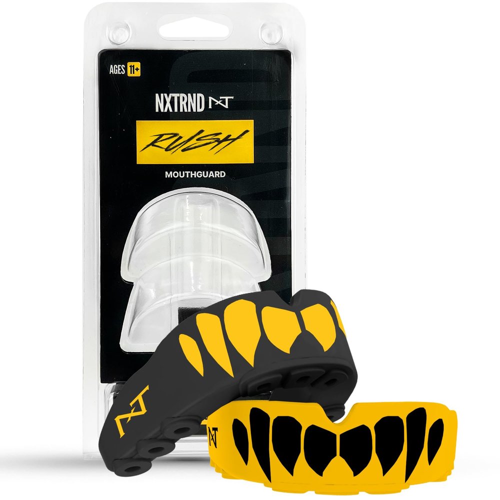 2 Pack Nxtrnd Rush Dual Layer Mouthguard, Custom Fit Sports Mouthpiece for Football, Boxing, MMA, Basketball, Hockey, Lacrosse, Youth & Adult (Yellow)