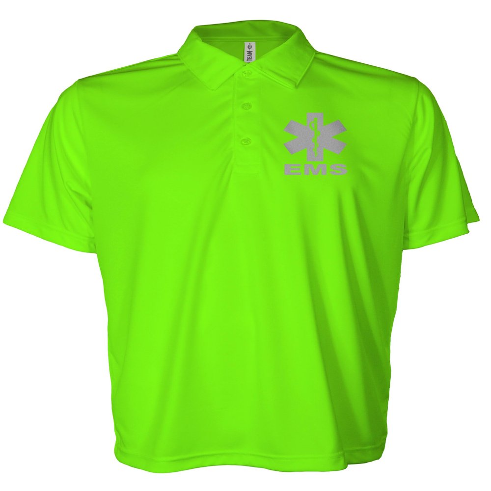 EMS Polo in Safety Green with Silver/Reflective Design, Performance Polo w/Moisture Wicking Technology