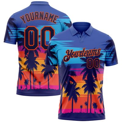Custom Palm and Sunset Bowling Polo Shirts for Adult Teens, Men Women Hawaiian Beach Golf Shirt, Personalized Casual Button-Down Tennis Shirts Short Sleeve Pullover, Custom Name and Number