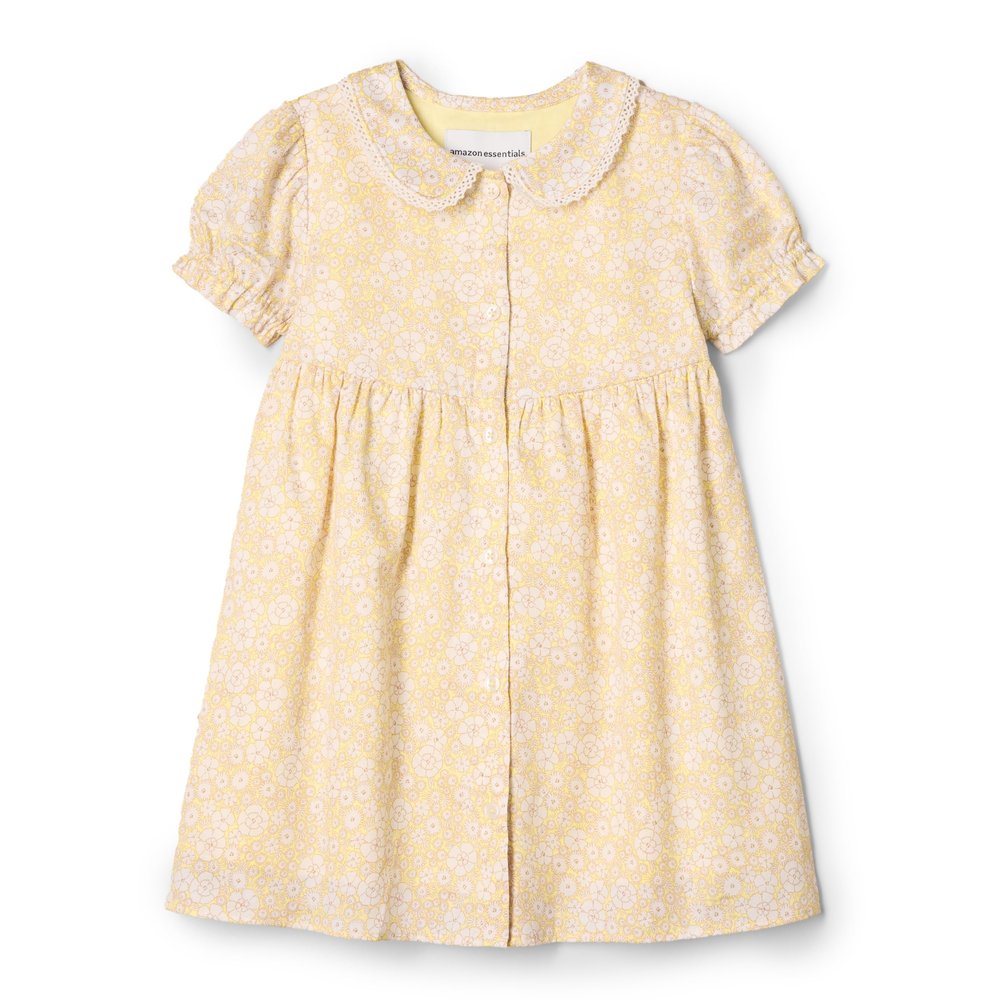 Amazon Essentials x Sofia Grainge Toddler Girls' Cotton Sateen Dress with Collar, Light Yellow Ivory Delicate Floral, 3T