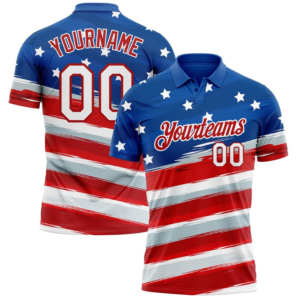 Adult America Patriotic Flag Pride Day Golf Polo Short Sleeve T-Shirt Custom, Moisture Wicking Tennis Polo Casual Bowling Shirts, Personalized Striped Team Jerseys Printed Name Number