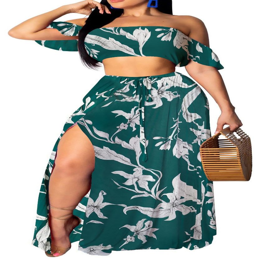 Elegant Green Two Piece Sets Swimwear for Women Party Vacation Floral Tropical Off Shoulder Tube Top Long Split Skirt Beach Cover Ups Dress(Small)