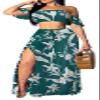 Elegant Green Two Piece Sets Swimwear for Women Party Vacation Floral Tropical Off Shoulder Tube Top Long Split Skirt Beach Cover Ups Dress(Small) view 1