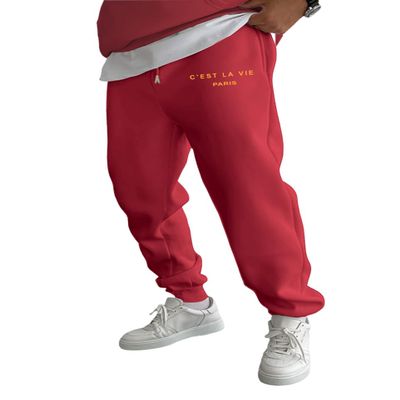 ZAFUL Men's Fleece C'est LA Vie Paris Letter Printed Jogger Drawstring Sweatpants Beam Feet Pants A-red
