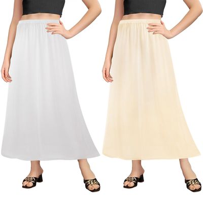 Girstunm 2 Pieces Women's Half Slips Satin Long Dress Petticoat Bottom Skirt Extenders Anti-Static Long Underskirt 31'' White & Champagne Medium