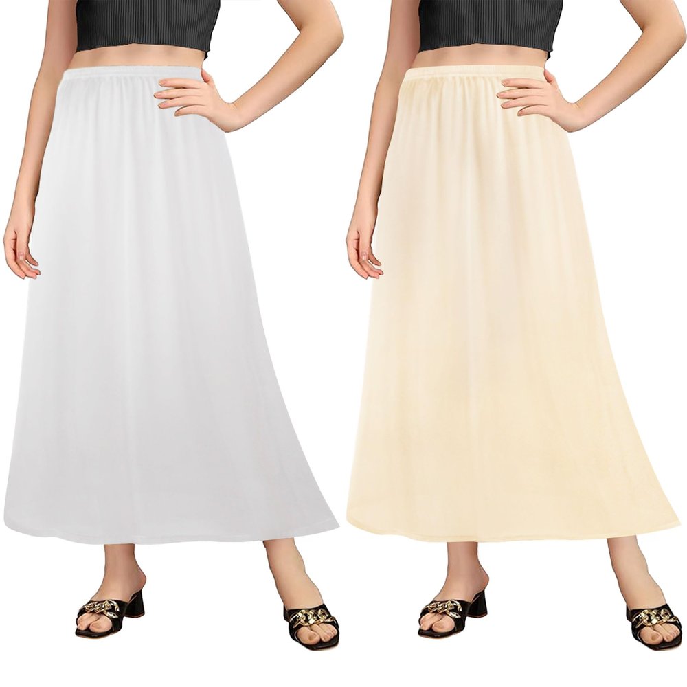 Girstunm 2 Pieces Women's Half Slips Satin Long Dress Petticoat Bottom Skirt Extenders Anti-Static Long Underskirt 31'' White & Champagne Medium
