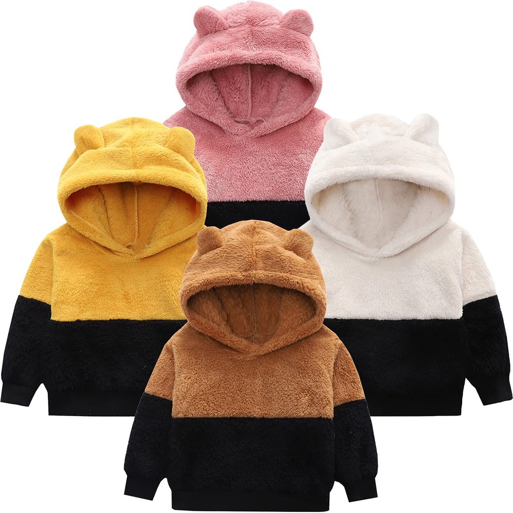 Toddler Girls Boys Fuzzy Hoodie with Ears Sherpa Pullover Fleece Sweatshirt Color Block Fluffy (Brown, 5-6 Years)