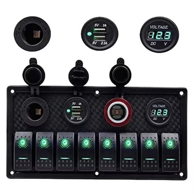 8 Gang Marine Boat Switch Panel Waterproof Dual QC3.0 Car USB Port Socket LED Digital Voltmeter 12V 24V DC Rocker Switch Panel with Fuse Holder for Truck Jeep RV (Green)