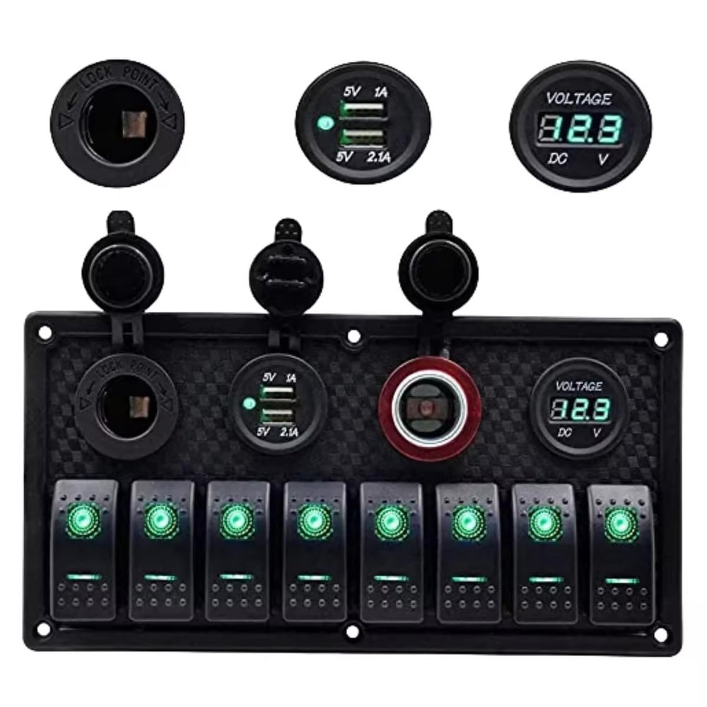 8 Gang Marine Boat Switch Panel Waterproof Dual QC3.0 Car USB Port Socket LED Digital Voltmeter 12V 24V DC Rocker Switch Panel with Fuse Holder for Truck Jeep RV (Green)