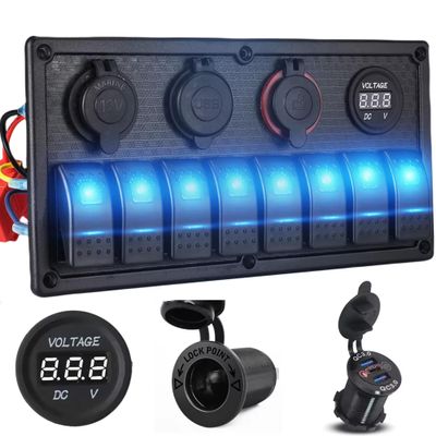 NineFit Basics 8 Gang Marine Boat Switch Panel Waterproof Dual QC3.0 Car USB Port Socket LED Digital Voltmeter 12V 24V DC Automotive Rocker Switch Panel with Fuse Holder for Truck Jeep RV (Blue)