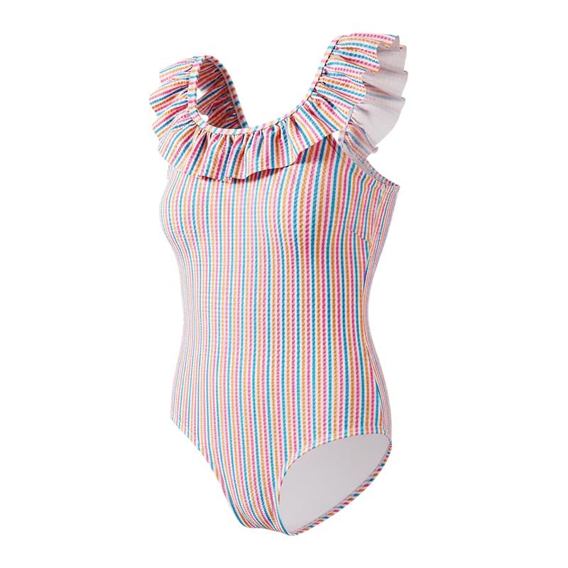 Angel season Swimming Suit for Girls one Piece Swimsuits for Bathing Suit Girl with UPF 50+ Cute Swimwear Rainbow Stripe Ruffle Lightweight Summer Beach Sport Quick Dry Size 4-5