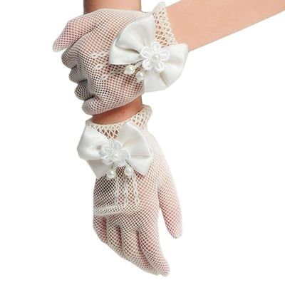 Peosaard Flower Girls Bow Tie Lace Gloves, Bowknot Lace Pearl Decor for Holy Communion Pageant Evening, Evening Gloves