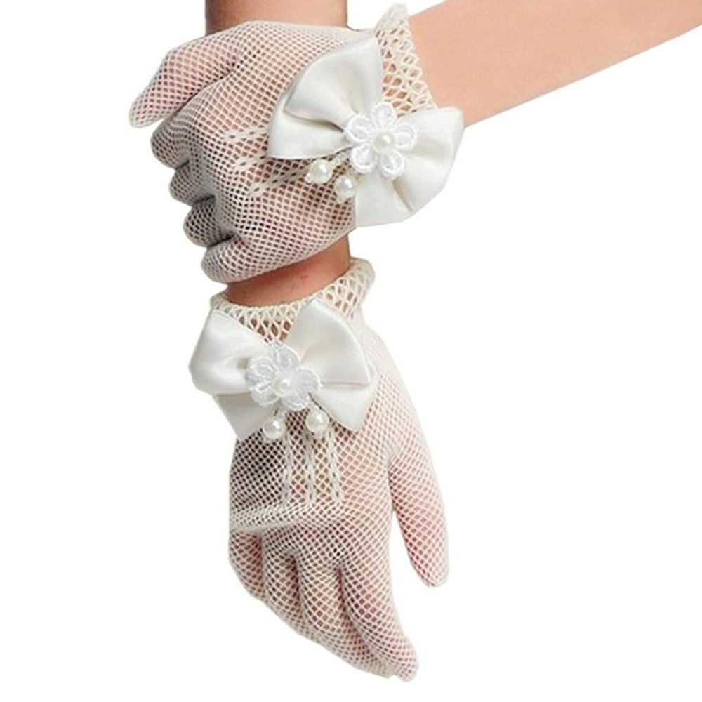 Peosaard Flower Girls Bow Tie Lace Gloves, Bowknot Lace Pearl Decor for Holy Communion Pageant Evening, Evening Gloves
