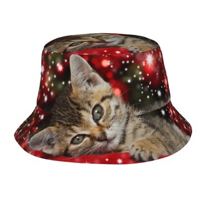Christmas Kitten Bucket Hats for Women Men, Merry Christmas Fisherman Hat Travel Beach Hat Casual Caps Xmas Holiday Decoration
