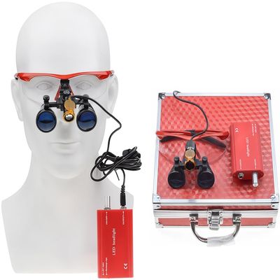 BONEW-Oral 3.5X Binocular Loupes Optical Glass Magnifier 3W Head Lamp Light Waist Hanging Type Clip-on Type Carry Type with Aluminum Box DY-004 (Red)