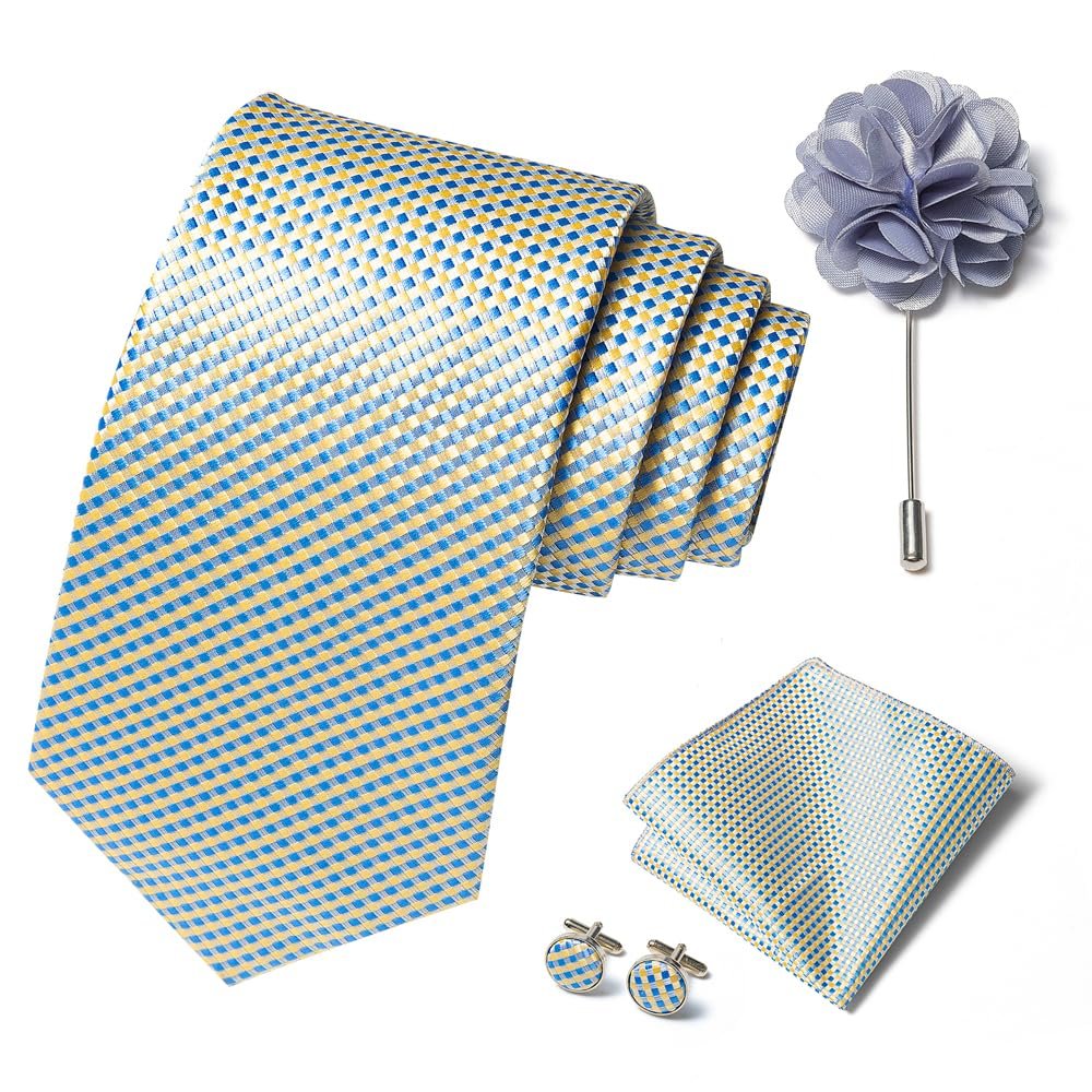 joy alice Ties Set Men Mixed Color Necktie Handkerchief Cufflinks Brooch 3.15 Formal (White Blue)