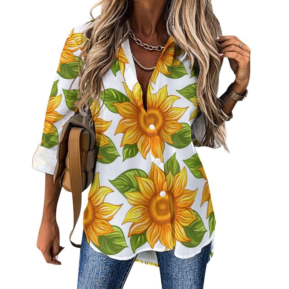 Sunflower Women's Irregular Hem Shirt Casual Button Down Blouse Fit Tops for Home Work S