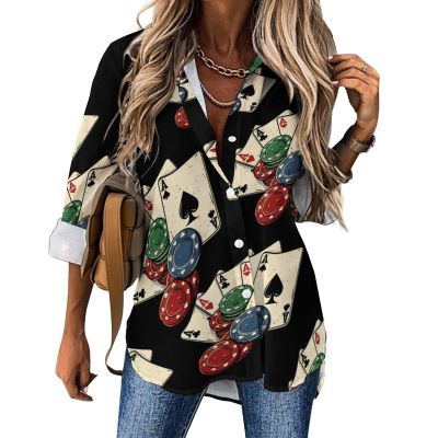 Chips with Poker Cards Women's Irregular Hem Shirt Casual Button Down Blouse Fit Tops for Home Work S