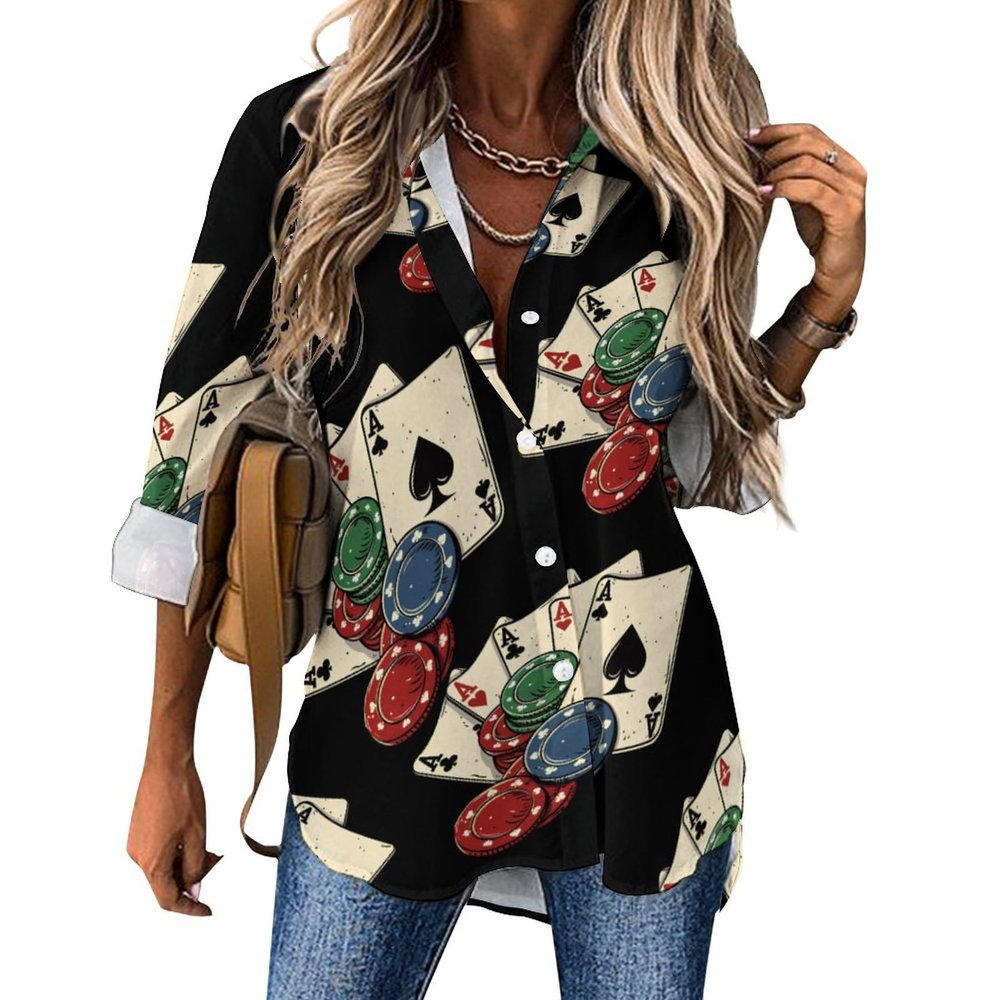 Chips with Poker Cards Women's Irregular Hem Shirt Casual Button Down Blouse Fit Tops for Home Work S