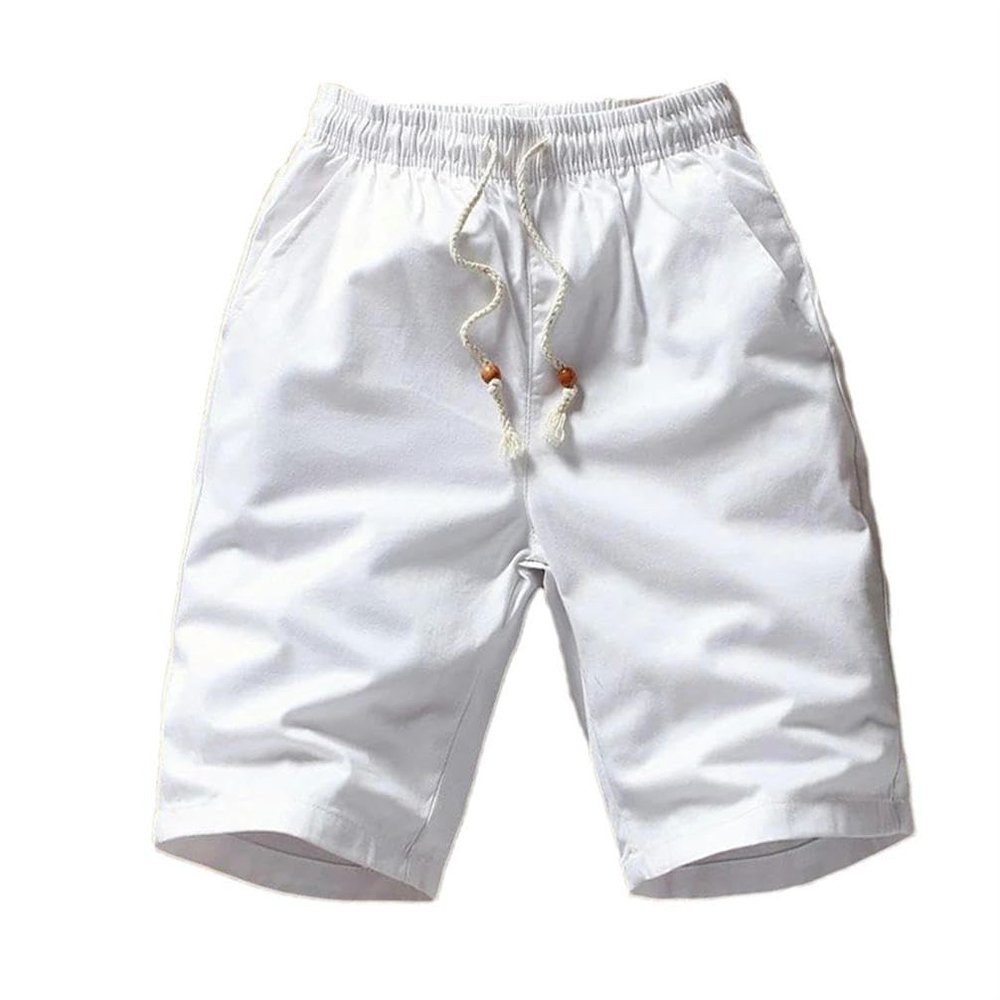 XZQYJKP Summer Cotton Shorts Men Solid Color Shorts Male Straight Loose Men's Breathable Elastic Waist Shorts White M