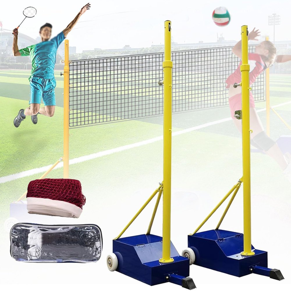 HTIANMM Volleyball Pole with Volleyball Net/Badminton Net,Volleyball Net for Backyard,Portable Outdoor Heavy Duty Volleyball Pole with Wheels and Net,Adjustable Heights,Suitable for Adults Youth