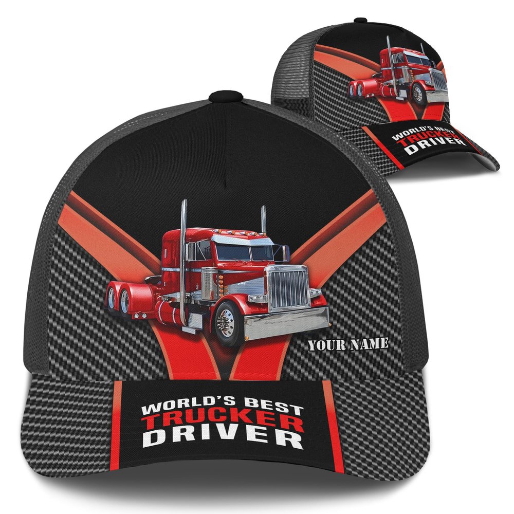 Adjustable Trucker Trucker Hat Customized Red Semi Truck and Carbon Pattern Mesh Back Caps with Name Trucker Gift Idea for Truck Driver