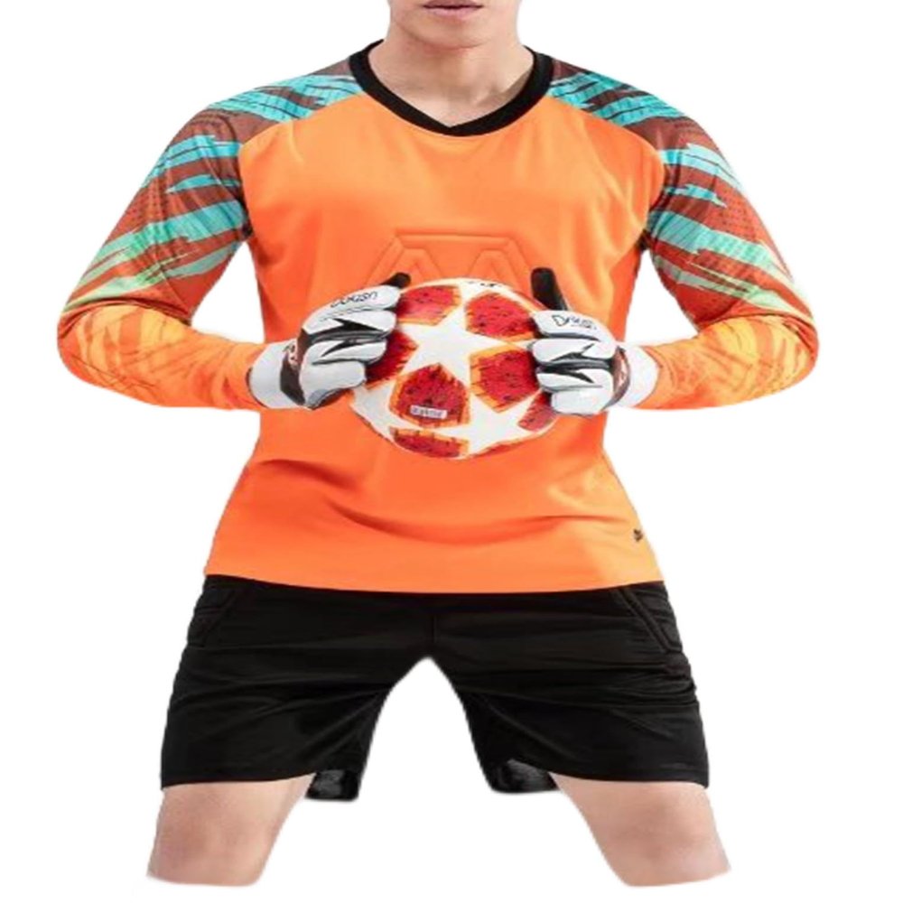 Kaerm Men's 2Pcs Padded Football Match Uniform Long Sleeve Goalkeeper Shirt and Shorts Football Goalkeeping Uniform Orange Medium
