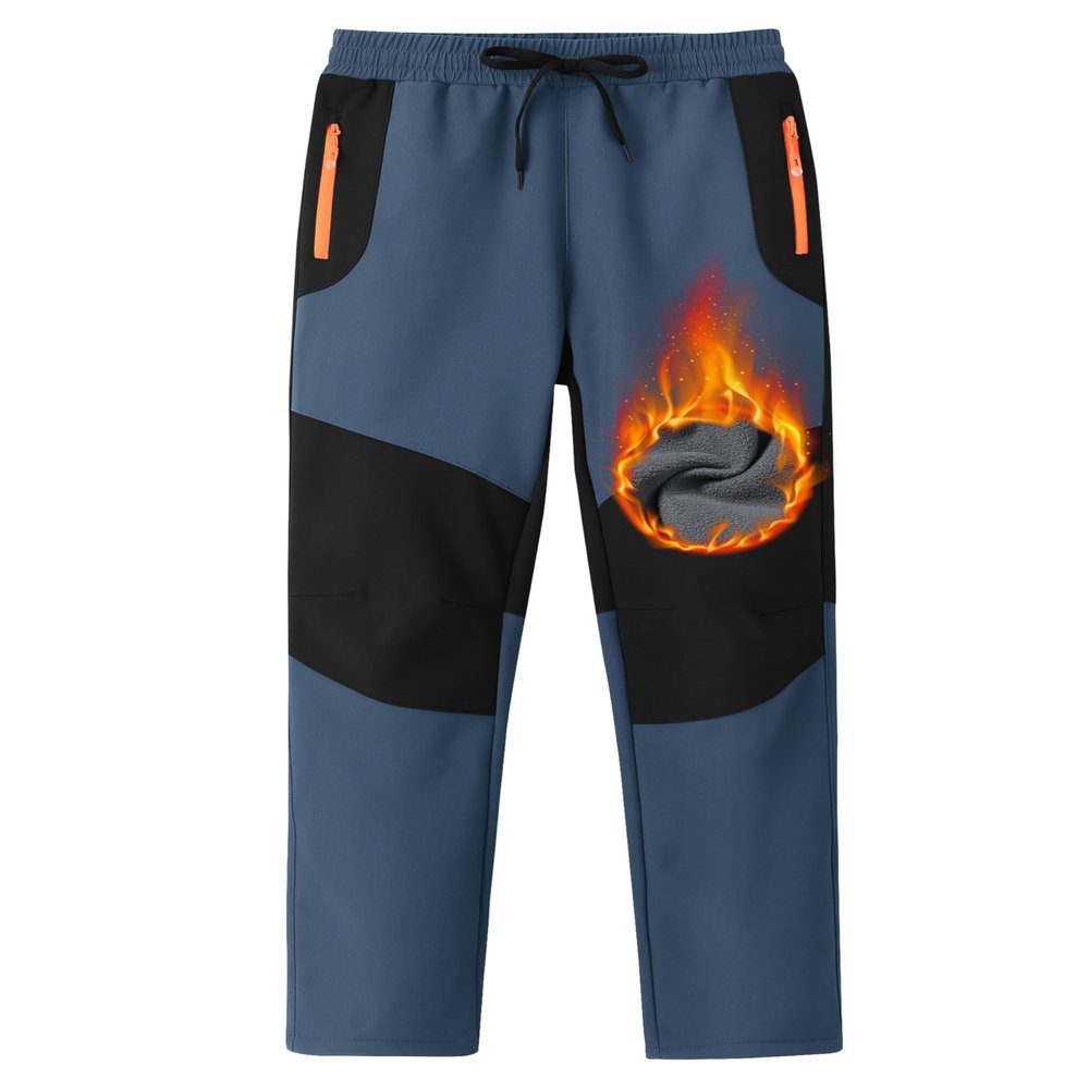 MoFiz Kids Boys Girls Hiking Snow Ski Pants Waterproof Winter Warm Elastic Waist Pants Thick Fleece Lined with Zipper Pocket Dusty Blue and Black X-Large