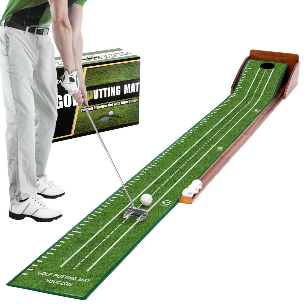 YOUCZON Putting Green Indoor,Golf Putting mat Portable & Easy to Assemble, Automatic Ball Return, Wrinkle-Free Natural Rubber Mat, Solid Wood Construction for Golfers