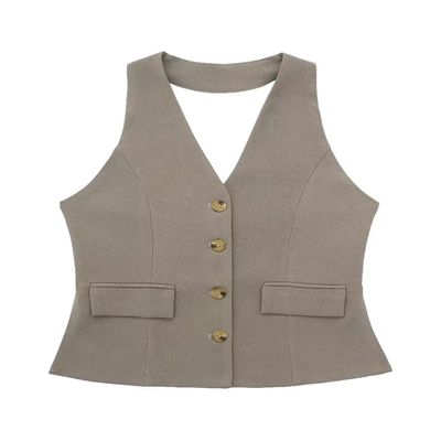 Women Two Piece Set Solid Tank Tops & Straight Leg Pants Vintage V-Neck Single Breasted Female Chic Pants Suit Gray Vest S