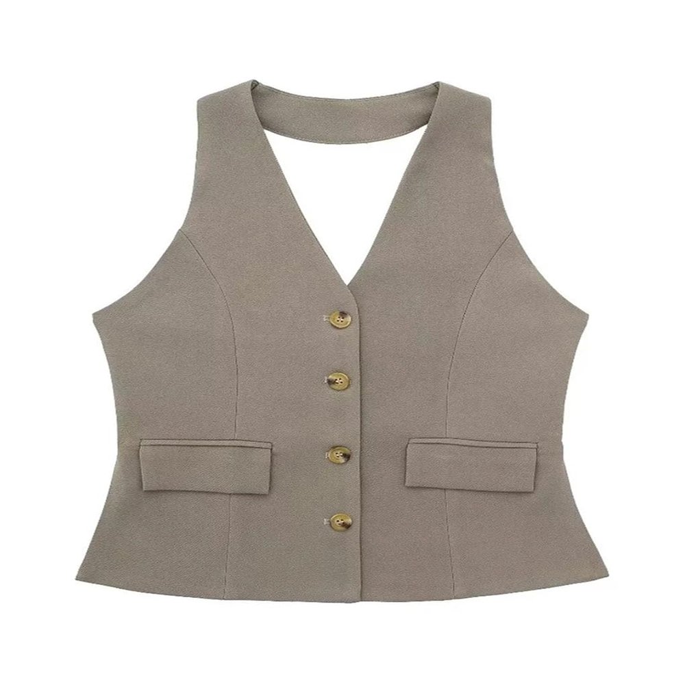 Women Two Piece Set Solid Tank Tops & Straight Leg Pants Vintage V-Neck Single Breasted Female Chic Pants Suit Gray Vest S