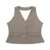 Women Two Piece Set Solid Tank Tops & Straight Leg Pants Vintage V-Neck Single Breasted Female Chic Pants Suit Gray Vest S view 1