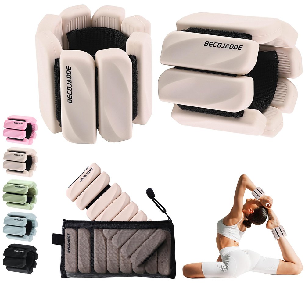 BECOJADDE Ankle Weights for Women Men Adjustable 1LB Wrist Weights Bracelet Set of 2 for Home Gym Weighted Bangles Wristbands Leg Arm Weights for Walking Swimming Running Pilates Yoga Gym, Beige