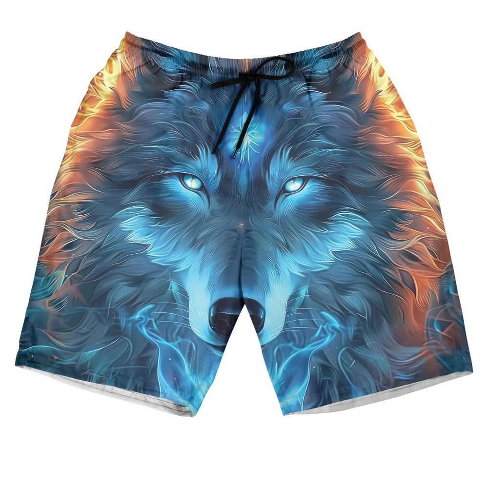 Wolf Face Men's Swim Trunks - Mighty Wolf Hawaiian Shorts for Men, Men's Summer Bathing Shorts Set 41 Size M