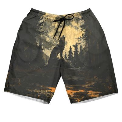 Howling Wolf Men's Swim Trunks - Moon Night Hawaiian Shorts for Men, Men's Summer Bathing Shorts Set 41 Size XL