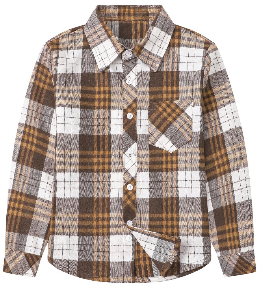 Betusline Girls' Plaid Flannel Shirt, Kids Long Sleeve Button Button Shirts Tops,F Brown & Gray #19-10 Years= Tag 160