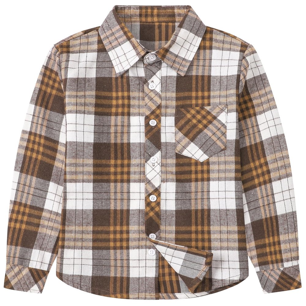 Betusline Girls' Plaid Flannel Shirt, Kids Long Sleeve Button Button Shirts Tops,F Brown & Gray #110-11 Years= Tag 170