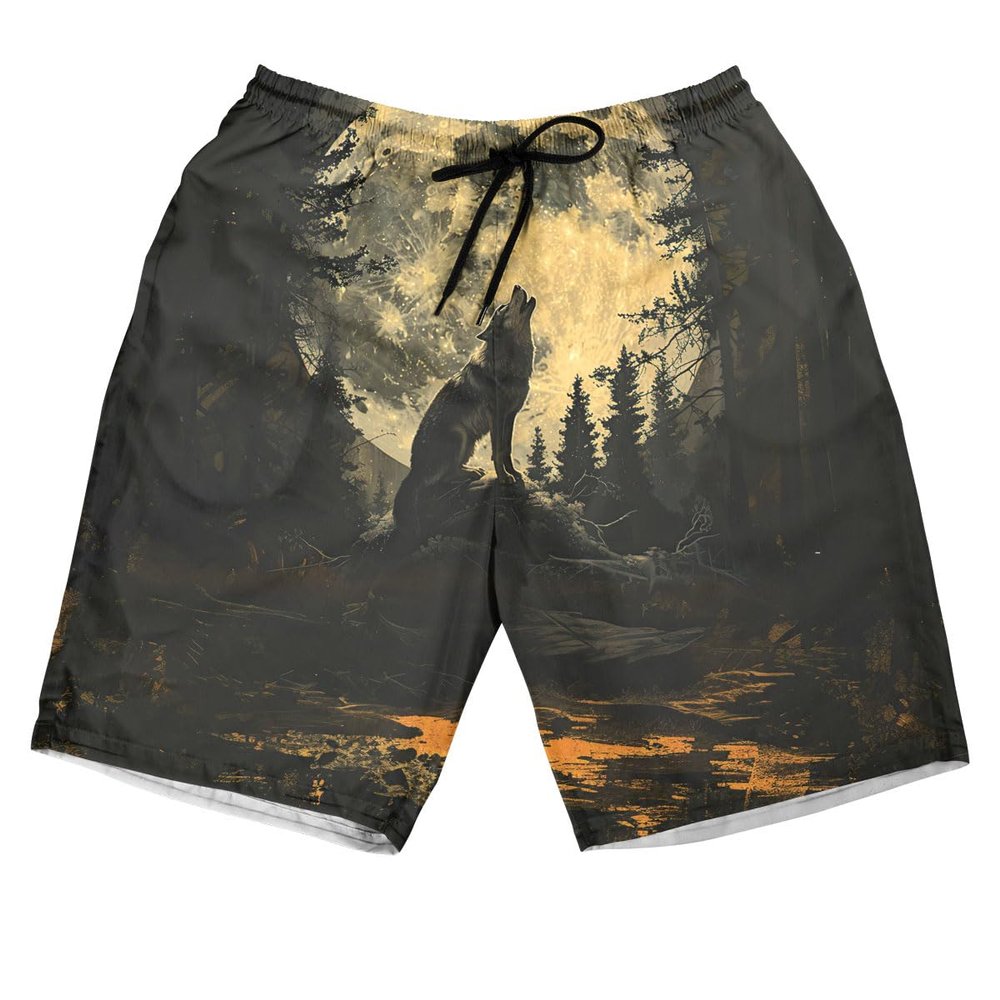 Howling Wolf Men's Swim Trunks - Moon Night Hawaiian Shorts for Men, Men's Summer Bathing Shorts Set 41 Size 5XL