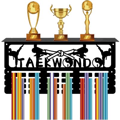 CREATCABIN Taekwondo Medal Hanger Display Trophy Shelf Medal Holder with Shelf Stand Sports 4 Rows Metal Hanging Wall Mount Frame Hold 70+ Medals for Basketball Competition Ribbon Medals 15.7x7.9Inch