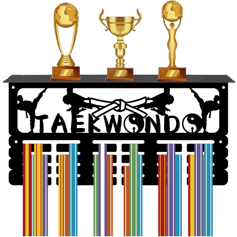 CREATCABIN Taekwondo Medal Hanger Display Trophy Shelf Medal Holder with Shelf Stand Sports 4 Rows Metal Hanging Wall Mount Frame Hold 70+ Medals for Basketball Competition Ribbon Medals 15.7x7.9Inch