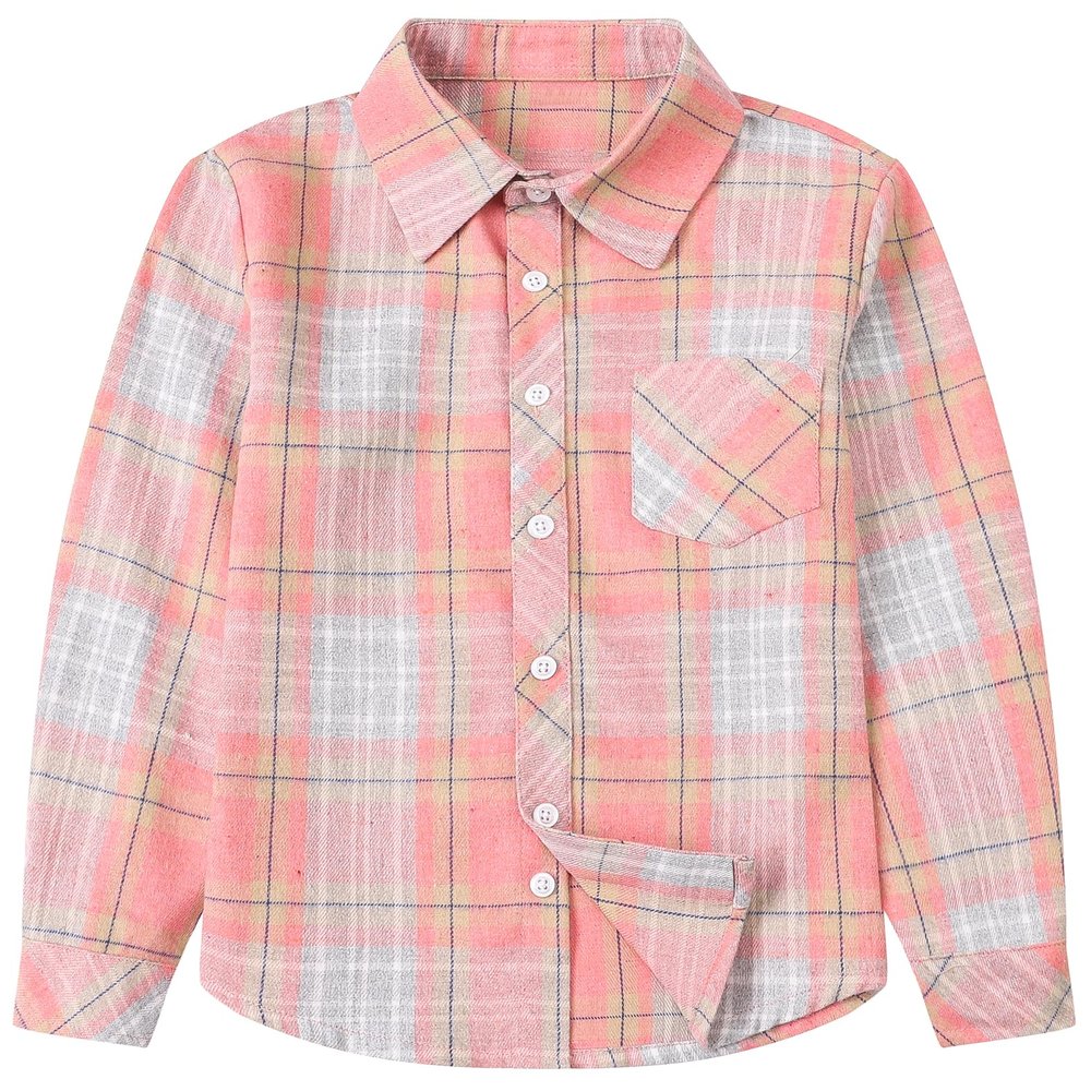 Betusline Girls' Plaid Flannel Shirt, Kids Long Sleeve Button Button Shirts Tops,F Pink & Gray #17-8 Years= Tag 140