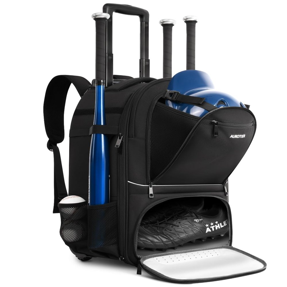 AUROTIER Rolling Baseball Backpack with Off-road Wheels, Wheeled Catchers Gear Bag for Baseball Equipment, 4 Bats, Large Softball Bag for TBall, Helmet & Accessories with Fence Hook, Black