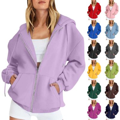 Womens Zip Up Hoodies Oversized Long Sleeve Sweatshirts Blank Casual Y2K Hoodie 2024 Fall Jacket Sweater with Pockets Light Purple Medium