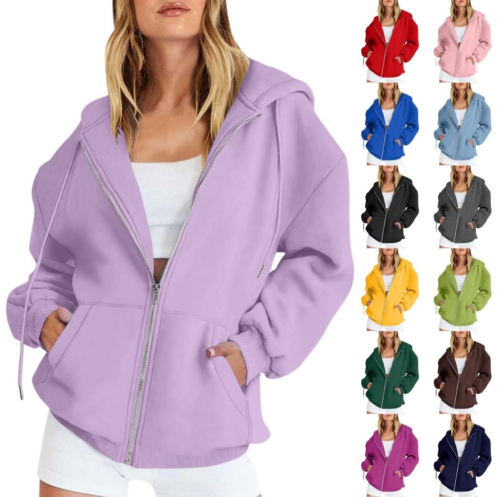 Womens Zip Up Hoodies Oversized Long Sleeve Sweatshirts Blank Casual Y2K Hoodie 2024 Fall Jacket Sweater with Pockets Light Purple Medium