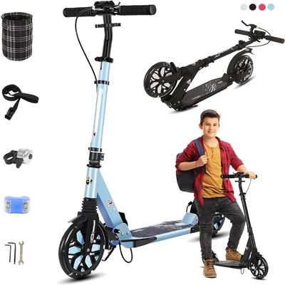 Adult Kick Scooter with Brakes,Big Wheels Foldable Scooter Aluminum Alloy Lightweight Scooter,with Foot Support Frame,Shock Absorptiondesign for Teens & Adults Blue